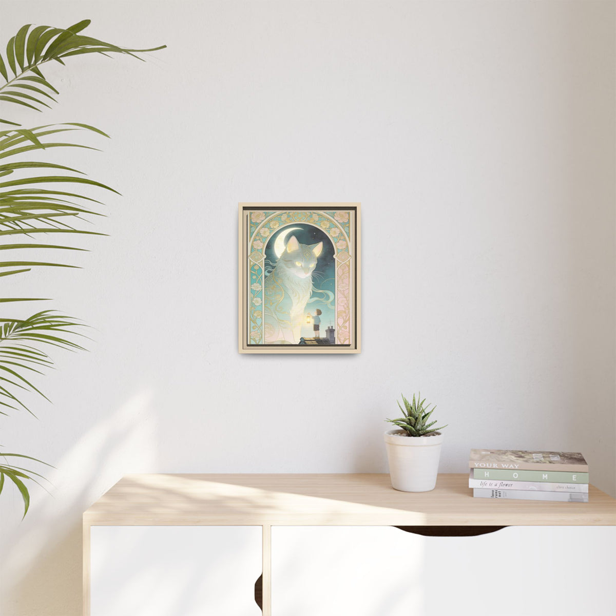 The Lantern Cat & Rooftop Boy - Framed Canvas Print