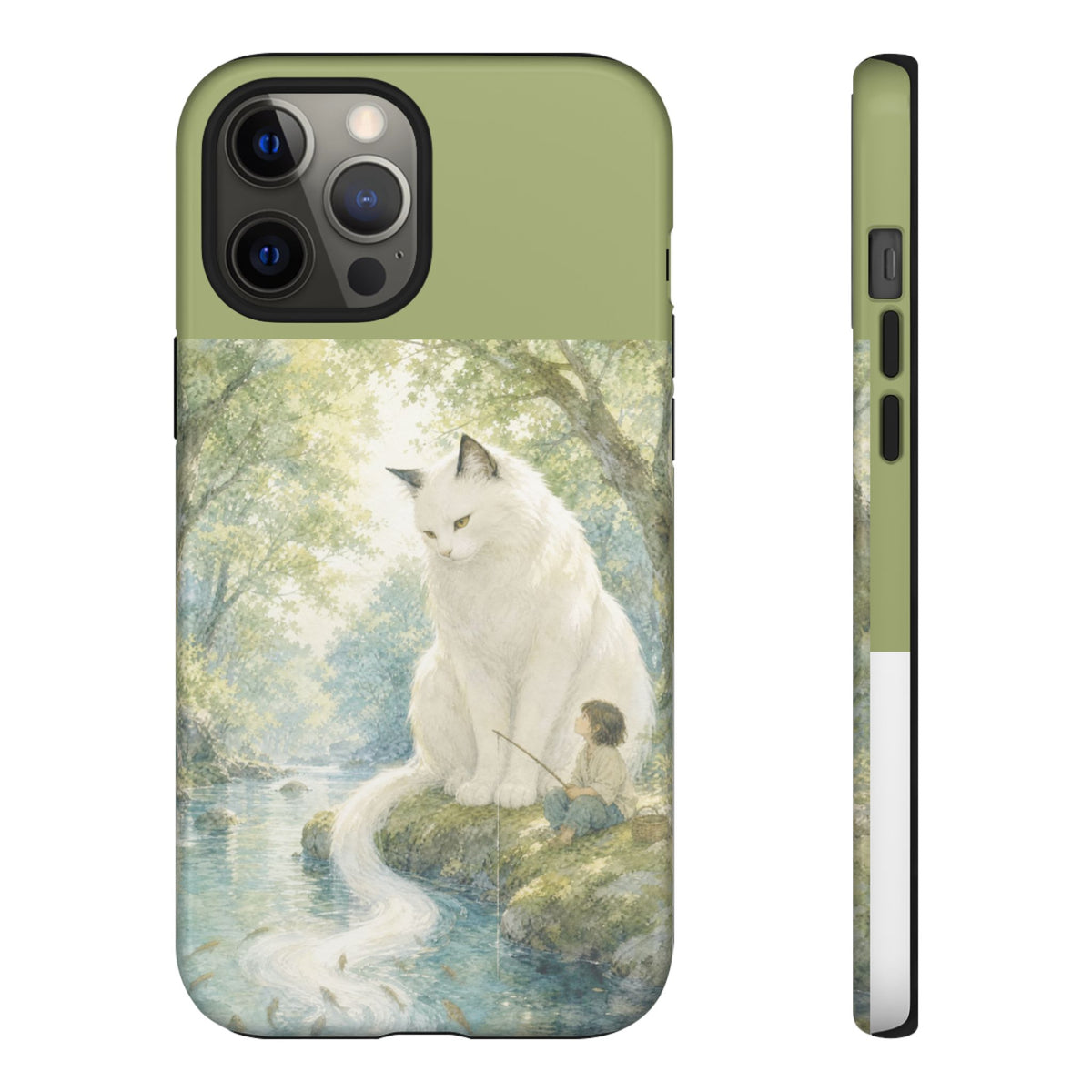By the Stream, She Watches — Guardian Cat & Child iPhone Case