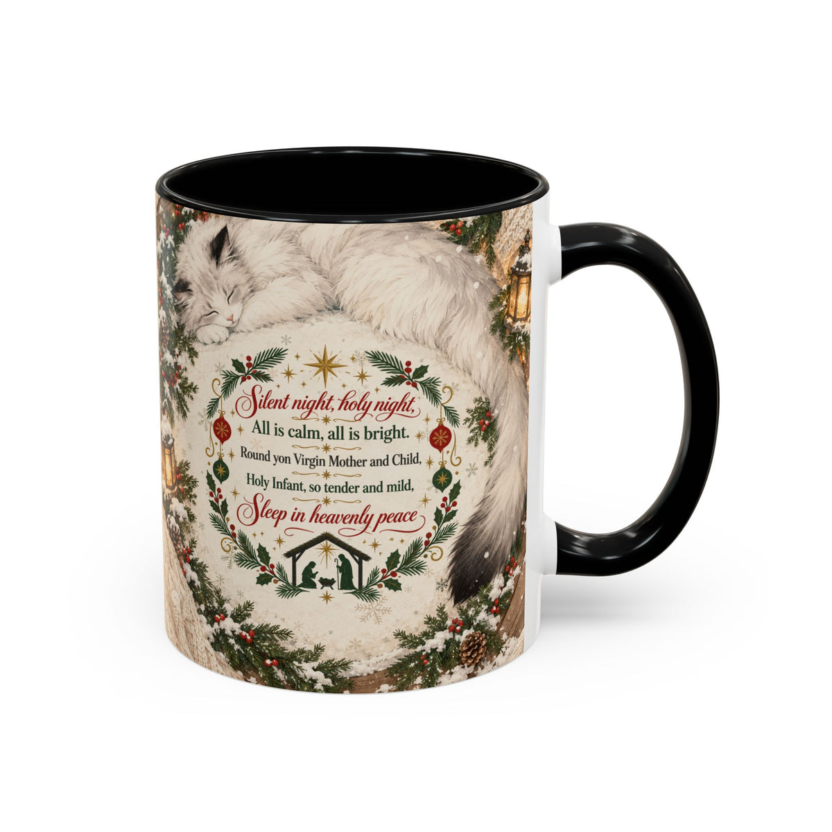 Silent Night Carol — Christmas Cat Accent Mug (11oz / 15oz)