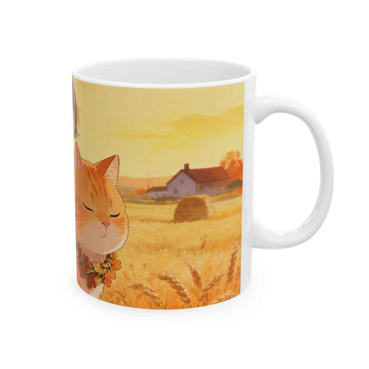 Guarded Through the Harvest — Wheat Walk Mug, Cat & Fawn at Sunset, 11 & 15 oz