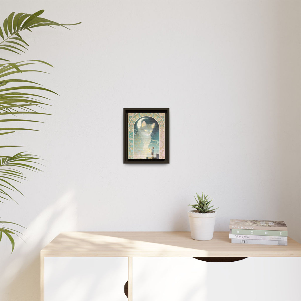 The Lantern Cat & Rooftop Boy - Framed Canvas Print