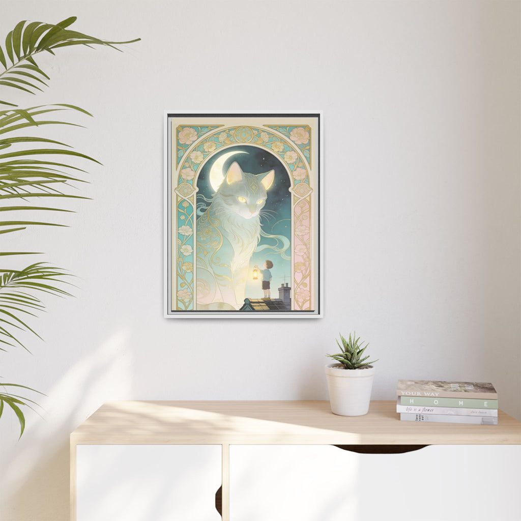 The Lantern Cat & Rooftop Boy - Framed Canvas Print