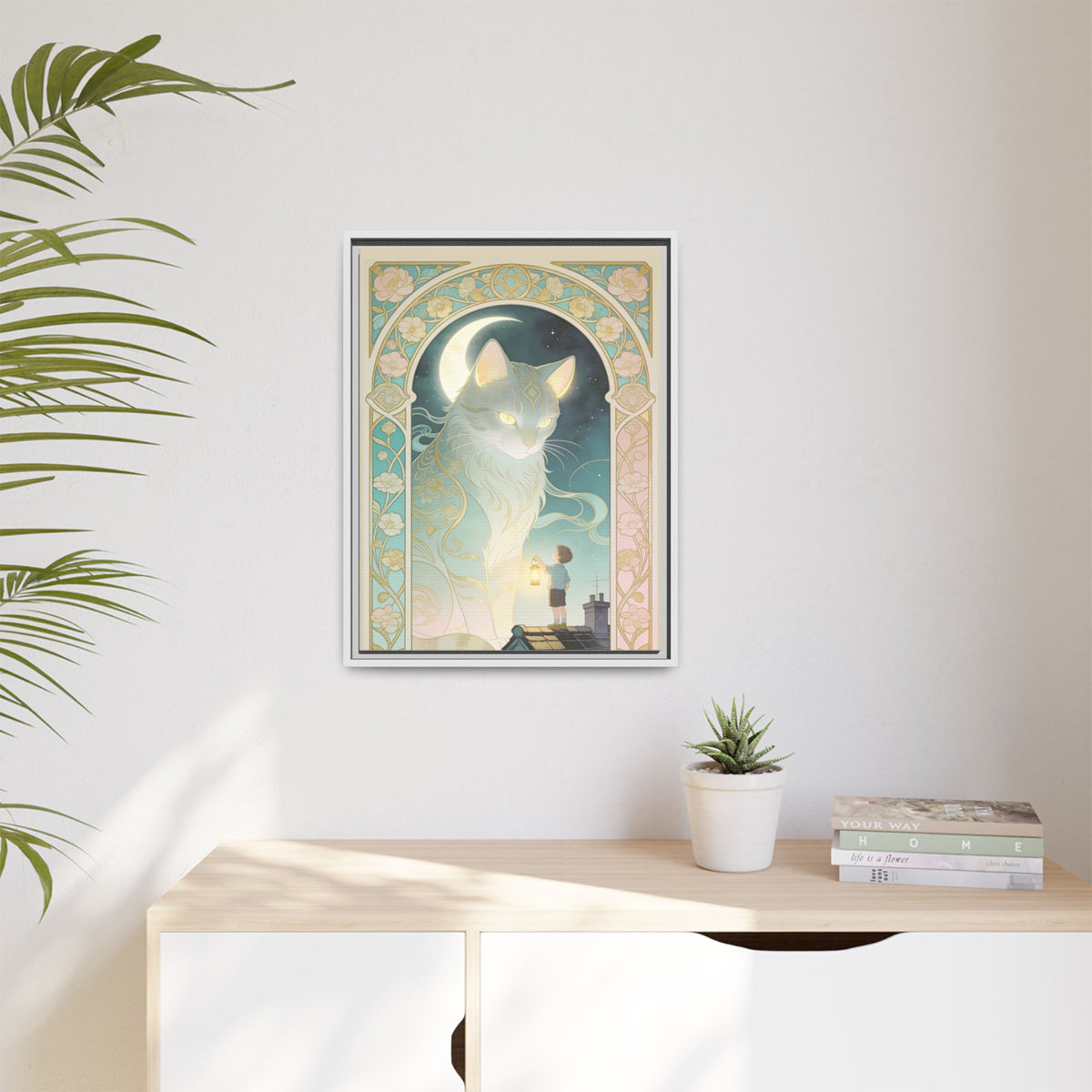 The Lantern Cat & Rooftop Boy - Framed Canvas Print