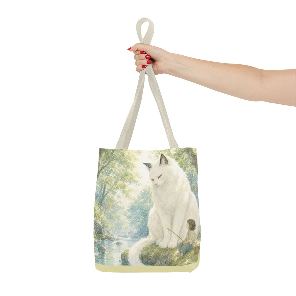 By the Stream, She Watches — Guardian Cat & Child Tote Bag