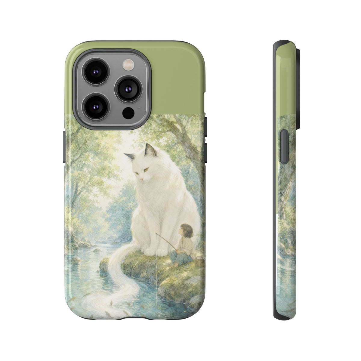 By the Stream, She Watches — Guardian Cat & Child iPhone Case