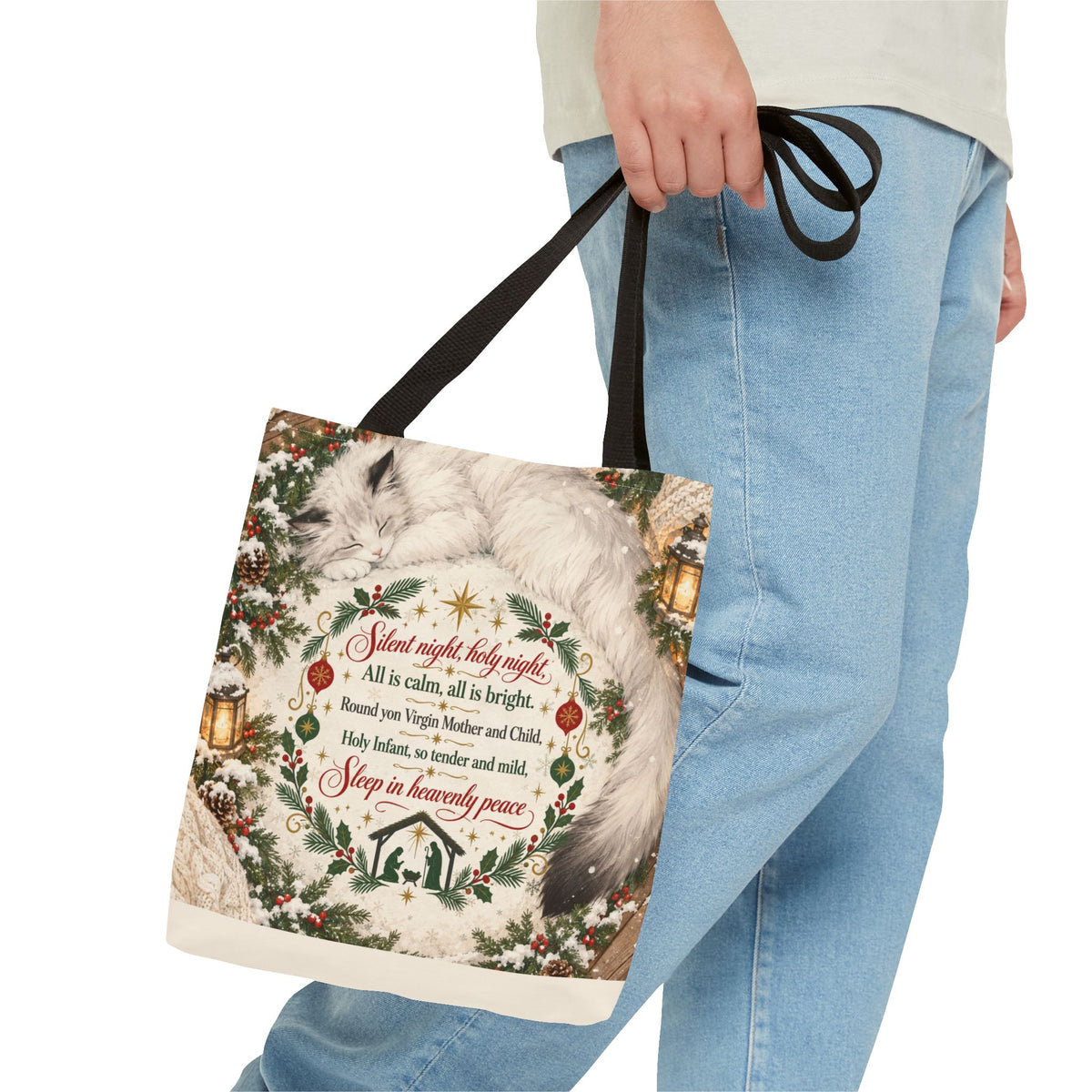 Silent Night Carol — Two-Sided Holiday Tote (Happy Holidays Snowy Wreath)