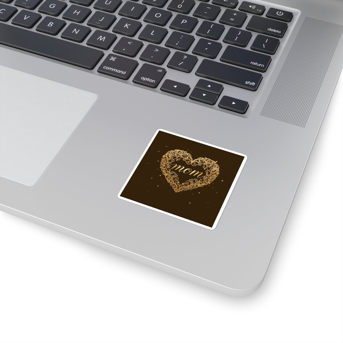 Golden Heart — Mom Square Sticker, Elegant Gold Filigree Design