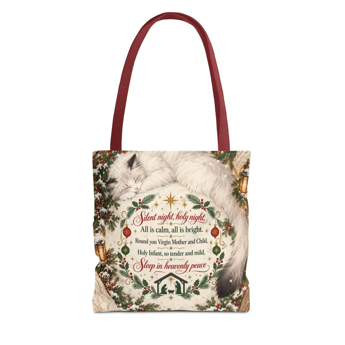 Silent Night Carol — Two-Sided Holiday Tote (Happy Holidays Snowy Wreath)