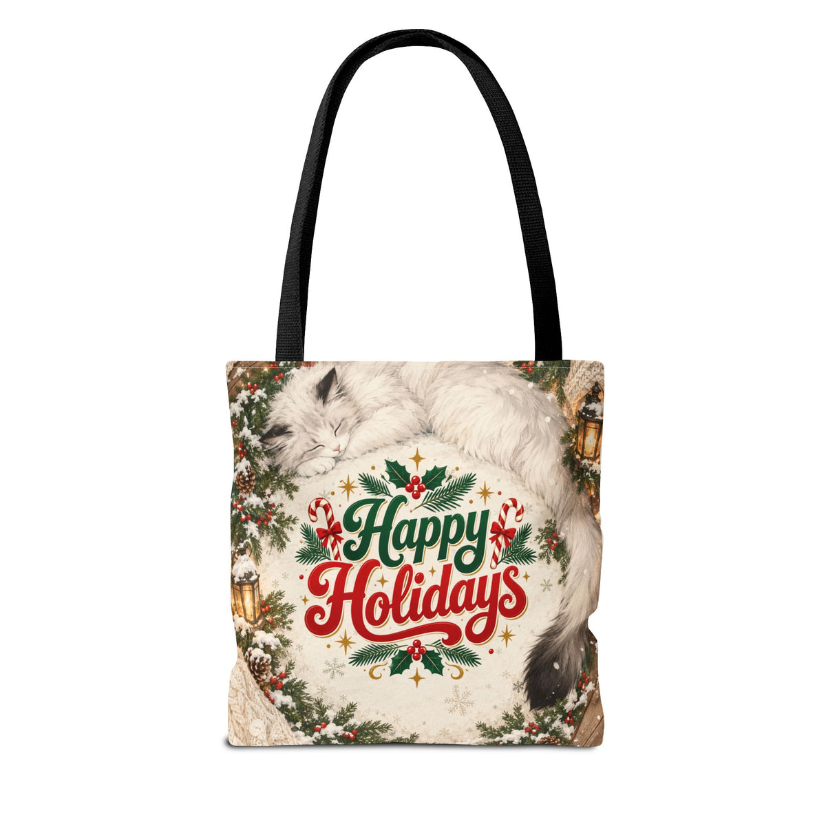 Silent Night Carol — Two-Sided Holiday Tote (Happy Holidays Snowy Wreath)
