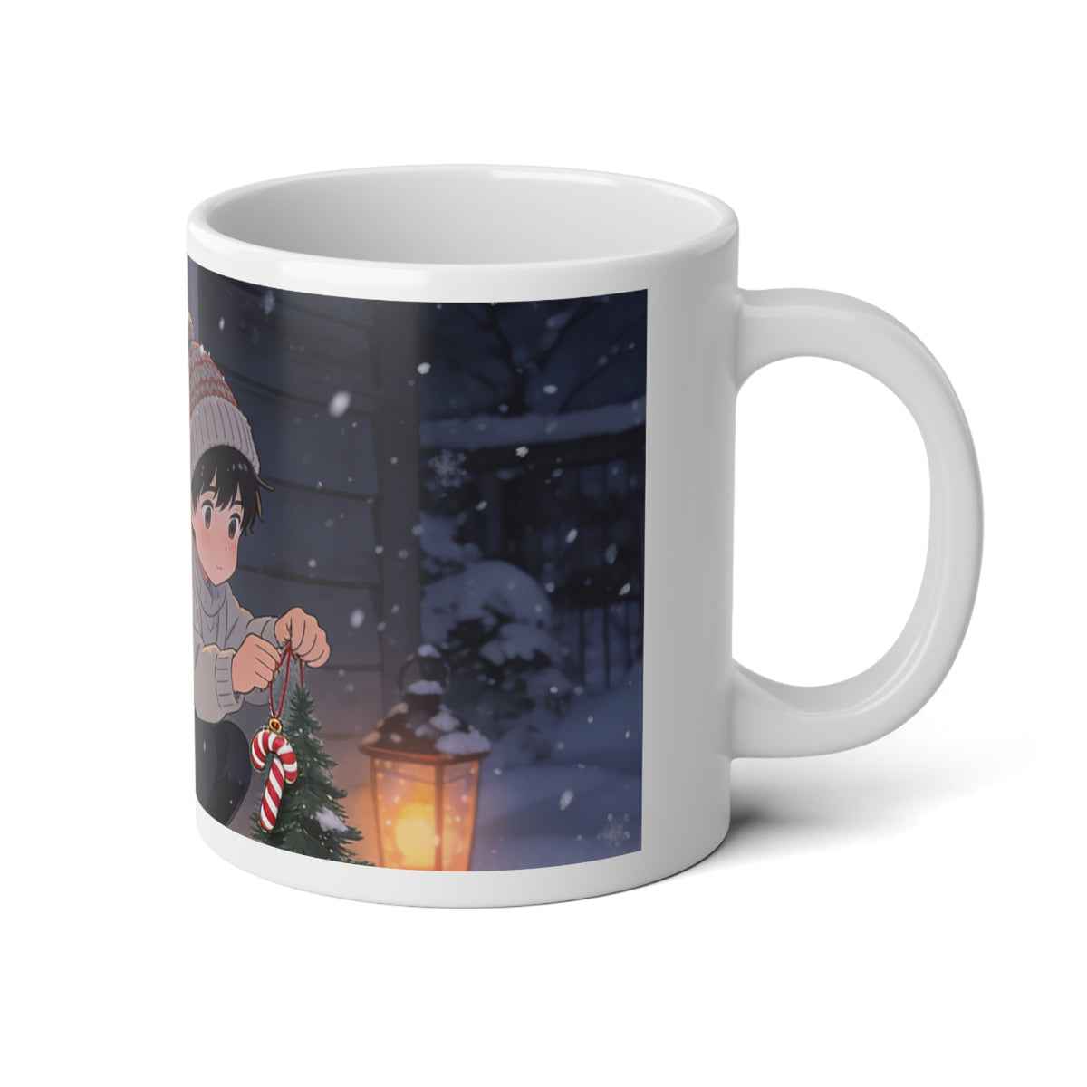 Snowy Doorstep Watch 20oz Jumbo Mug — Christmas Guardian Cat in the Snow