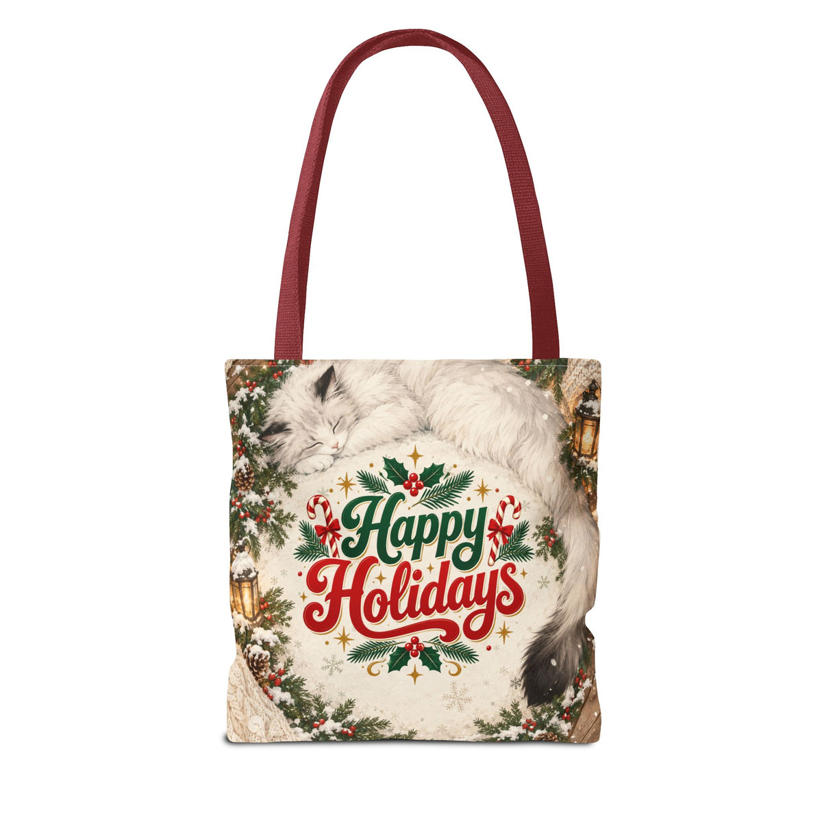 Silent Night Carol — Two-Sided Holiday Tote (Happy Holidays Snowy Wreath)