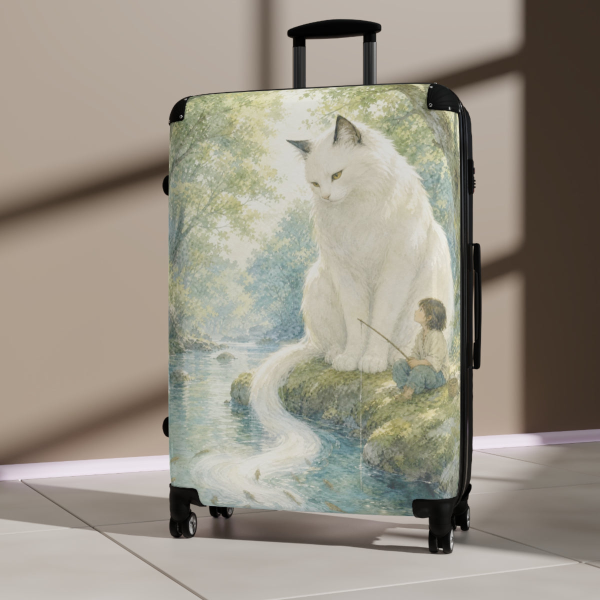 By the Stream, She Watches — Guardian Cat & Child Suitcase