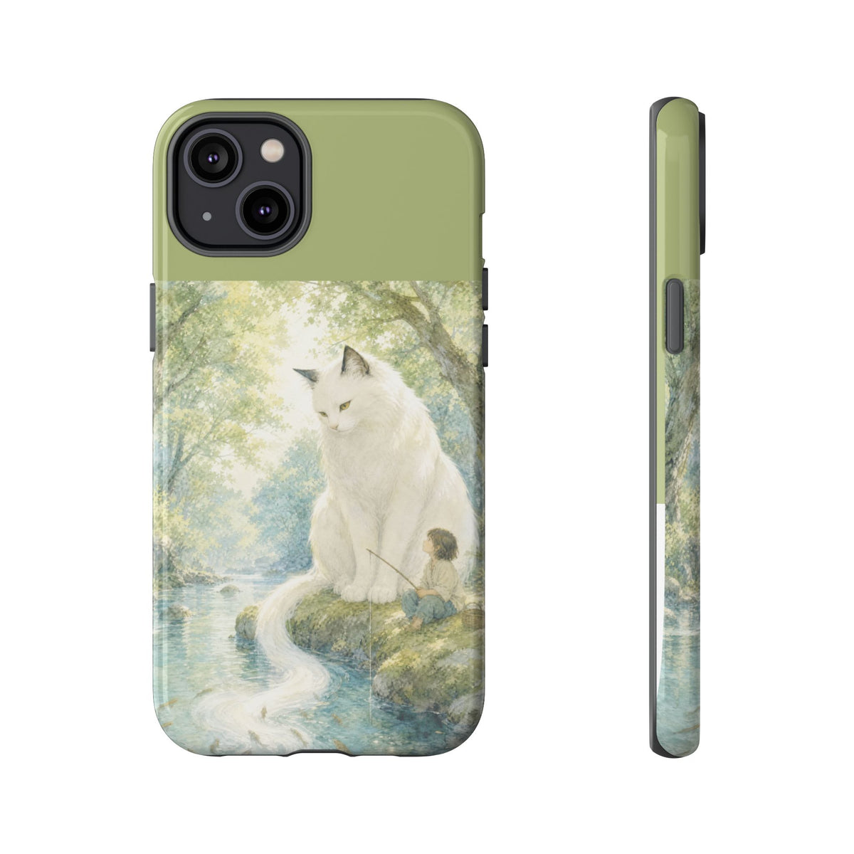 By the Stream, She Watches — Guardian Cat & Child iPhone Case