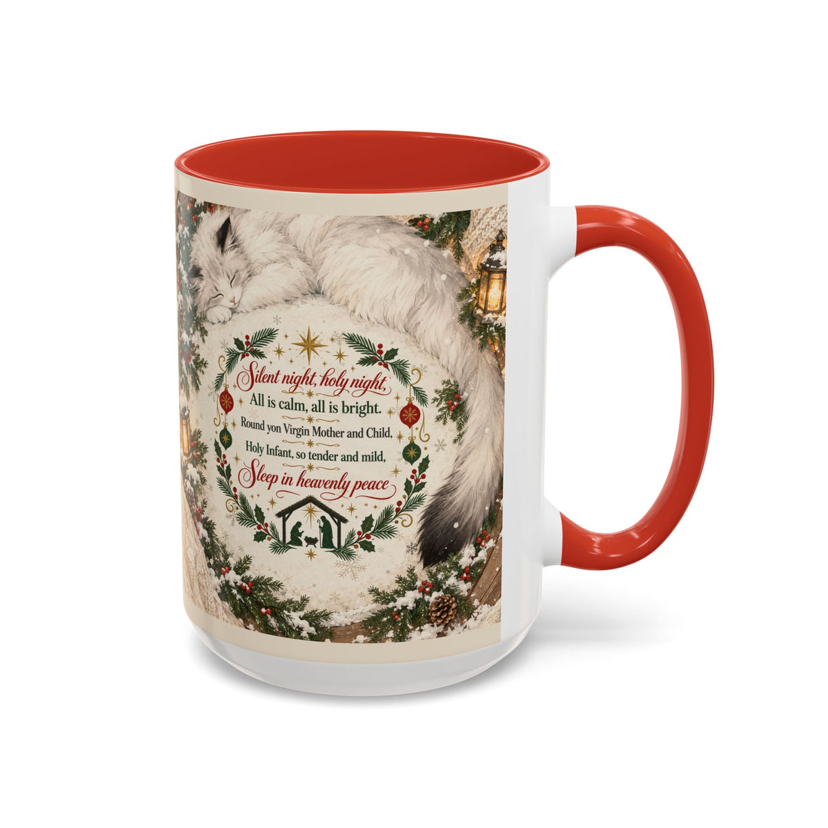 Silent Night Carol — Christmas Cat Accent Mug (11oz / 15oz)