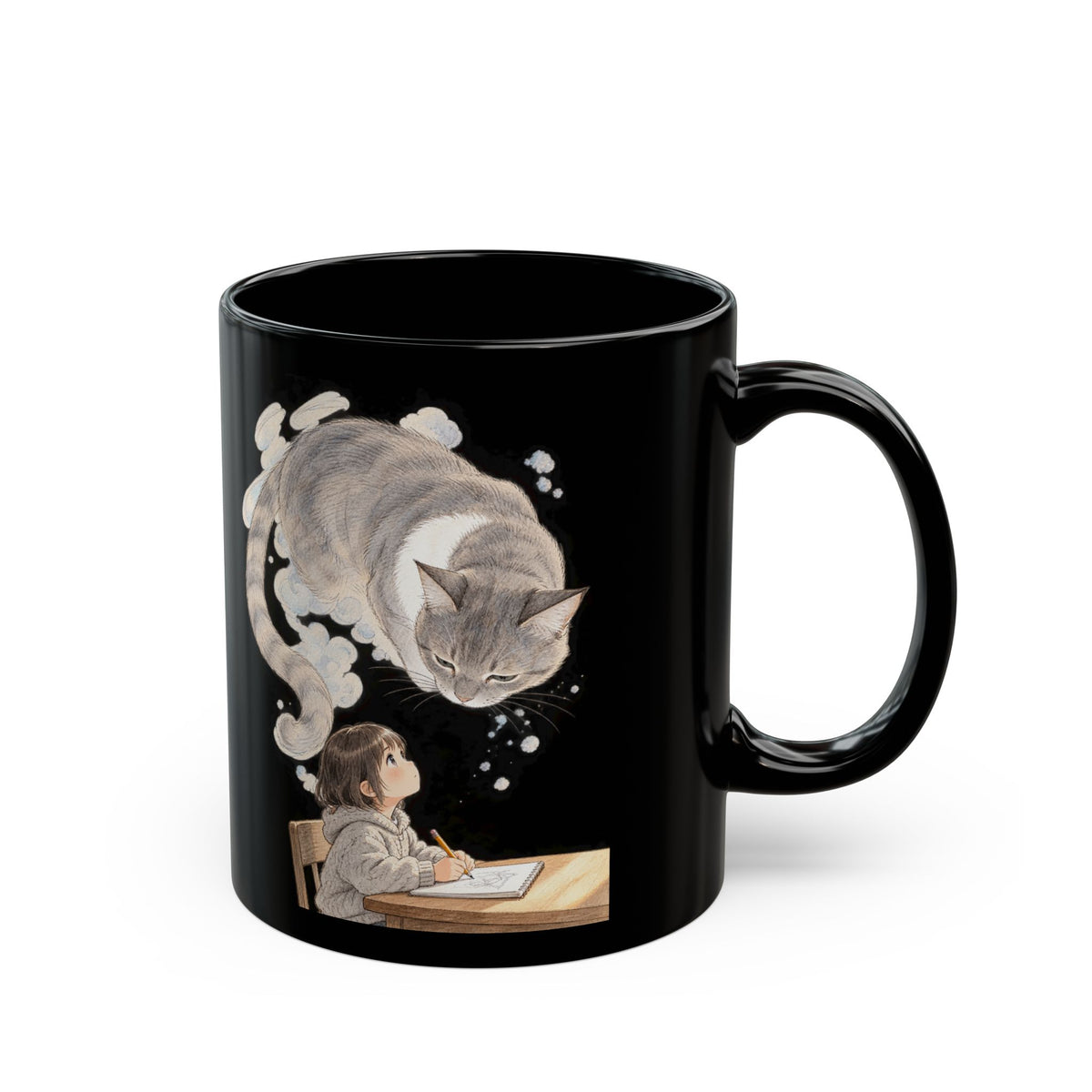 Guarded Dreams — Black Ceramic Mug, Child & Cat, 11 or 15 oz