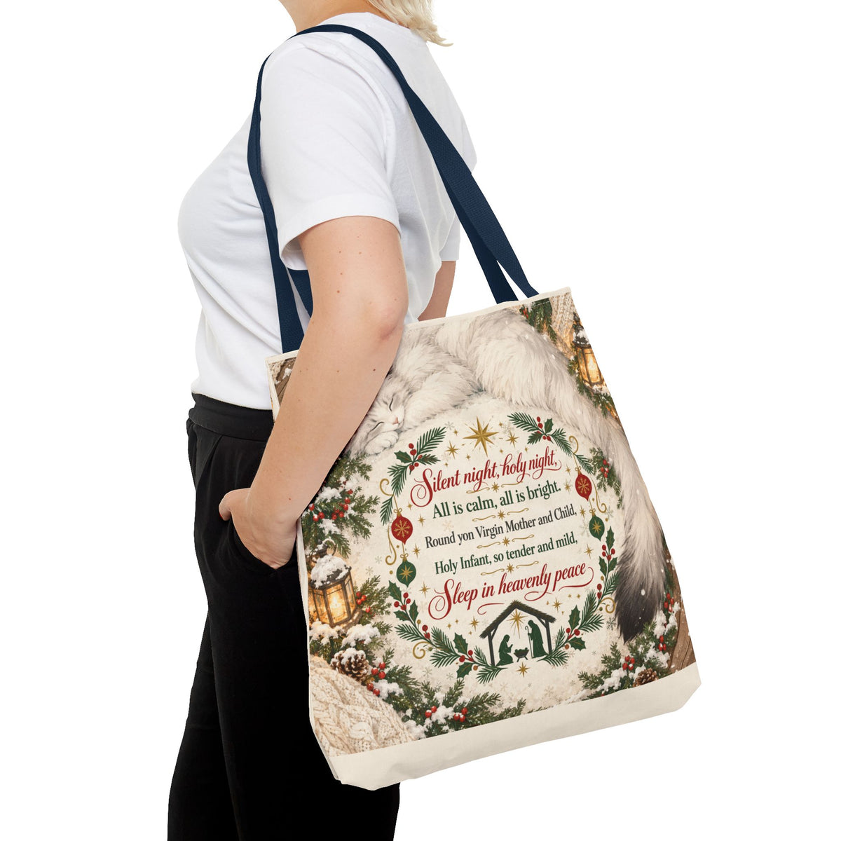 Silent Night Carol — Two-Sided Holiday Tote (Happy Holidays Snowy Wreath)