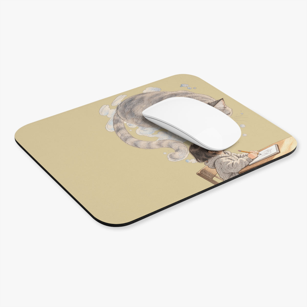 Guarded Dreams — Child & Cat Watercolor Desk Mat