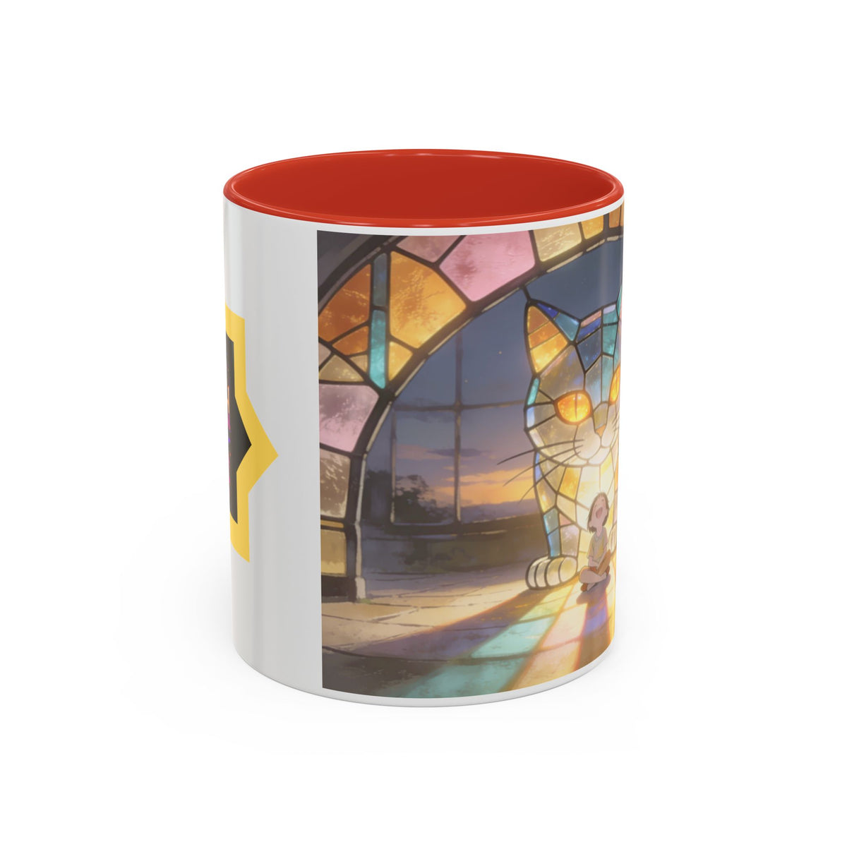 Glasslight Watch — Stained Glass Guardian Cat Accent Mug, 11 or 15 oz