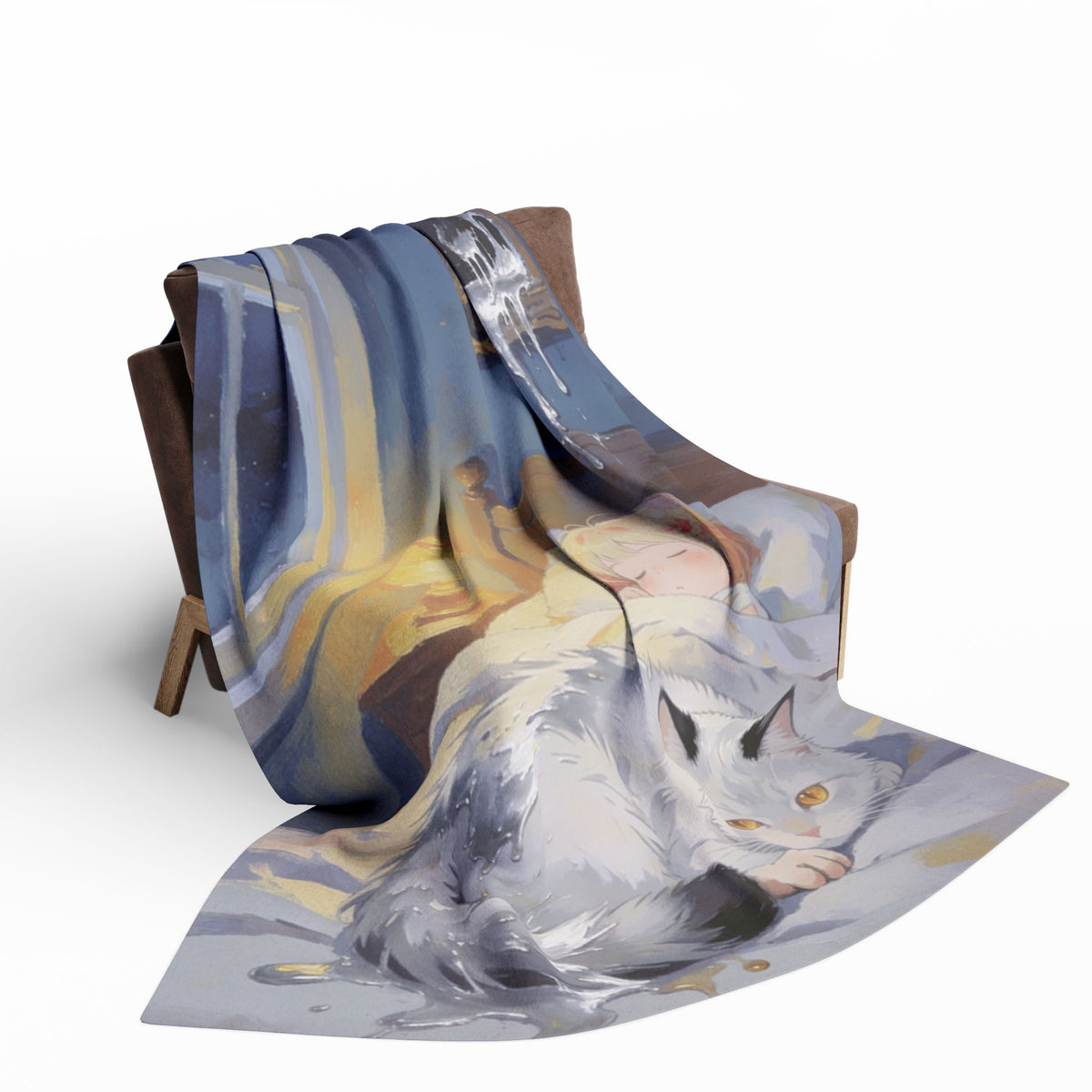 Cozy Moonlit Cat Fleece Blanket — Child Sleeping with Cat Nightscape Throw