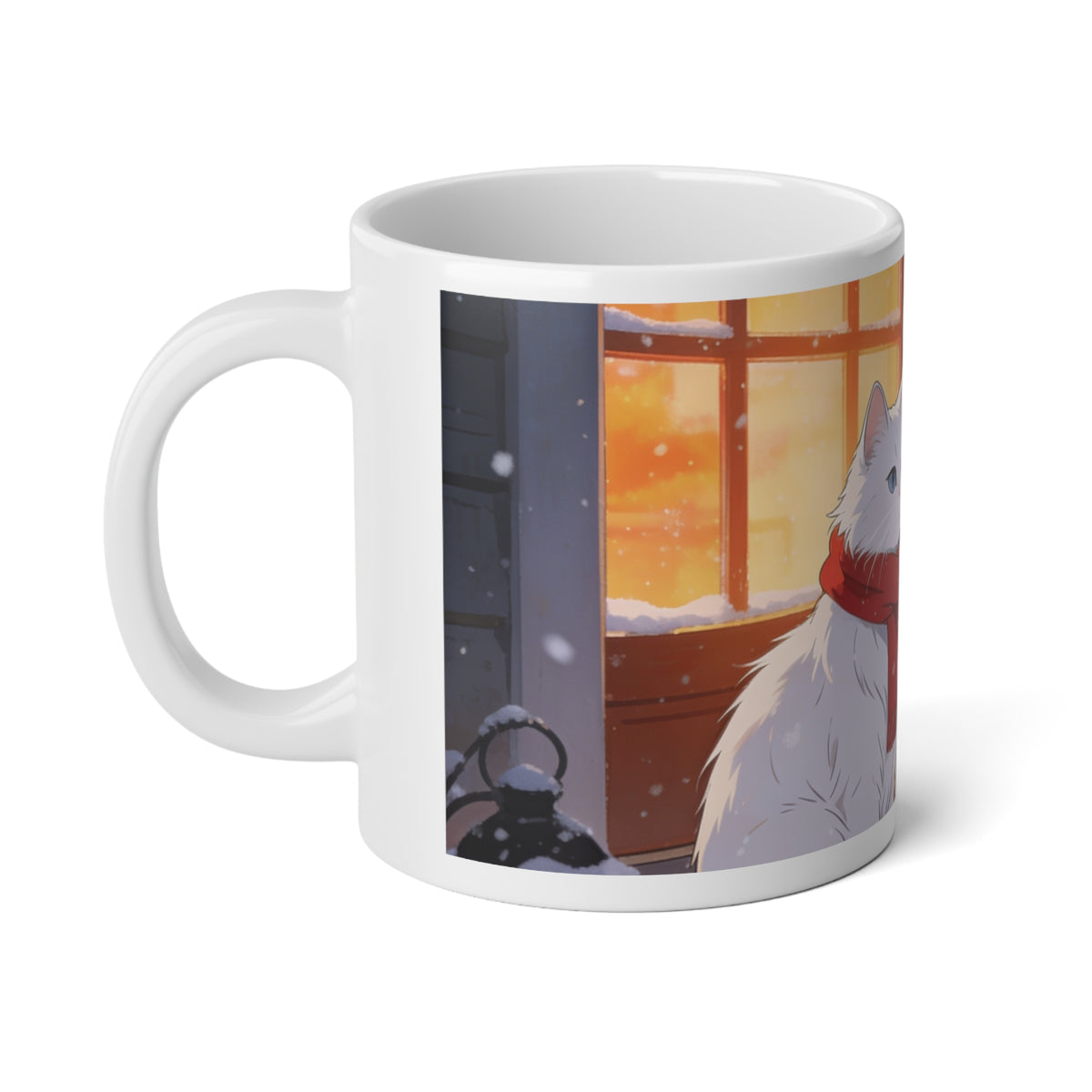 Snowy Doorstep Watch 20oz Jumbo Mug — Christmas Guardian Cat in the Snow