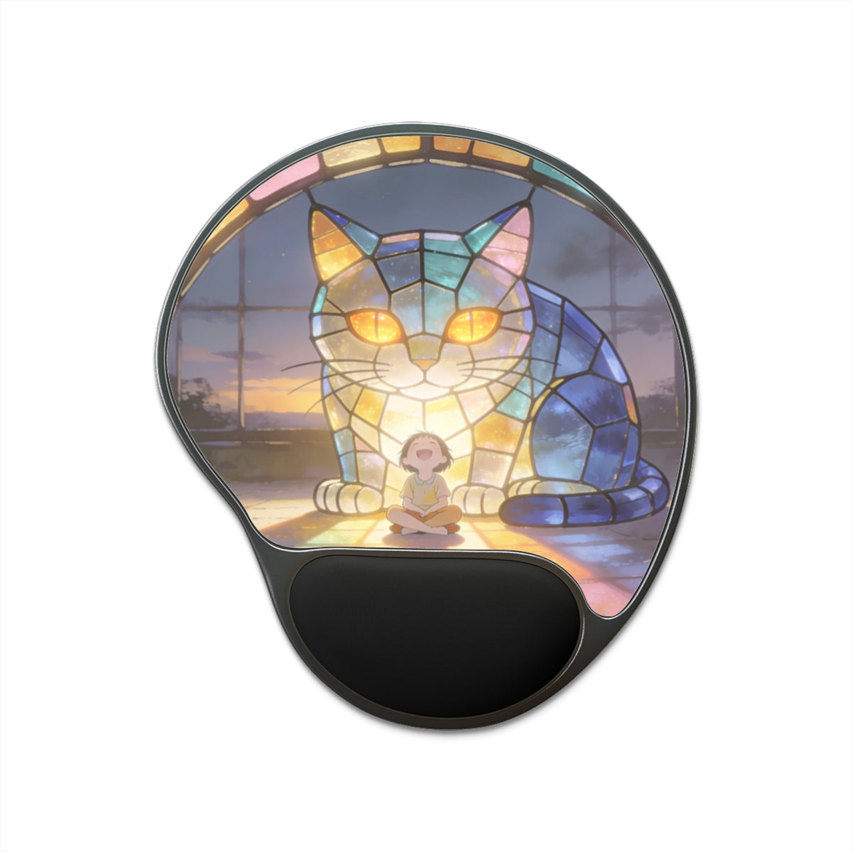 Glasswork Guardian — Stained Glass Cat Desk Pad with Wrist Rest
