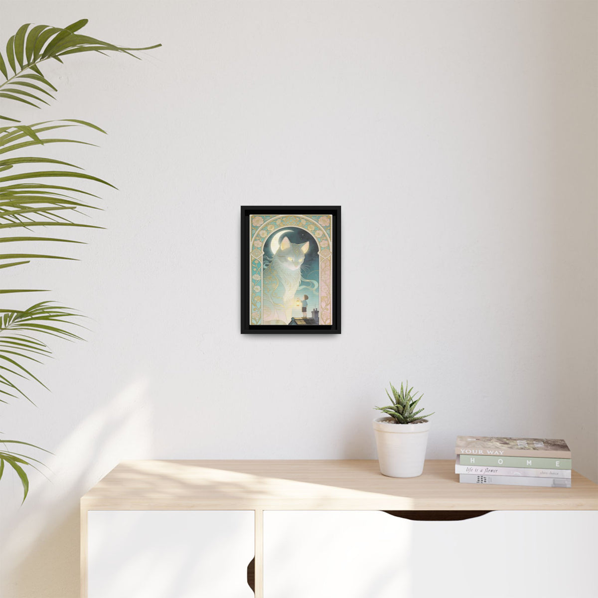 The Lantern Cat & Rooftop Boy - Framed Canvas Print