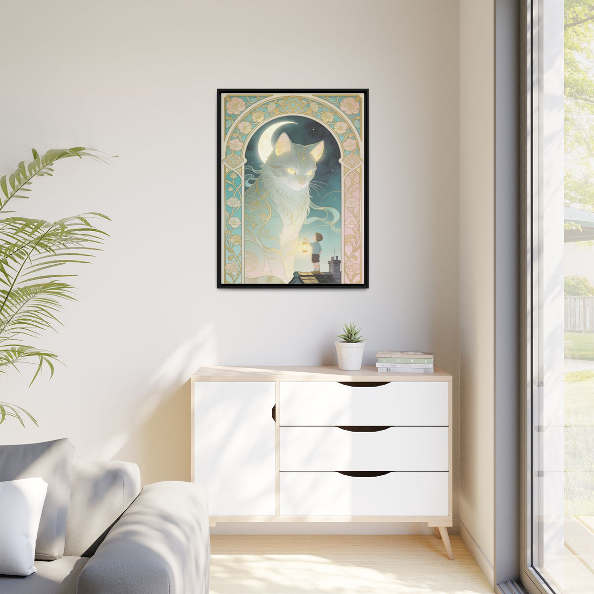 The Lantern Cat & Rooftop Boy - Framed Canvas Print