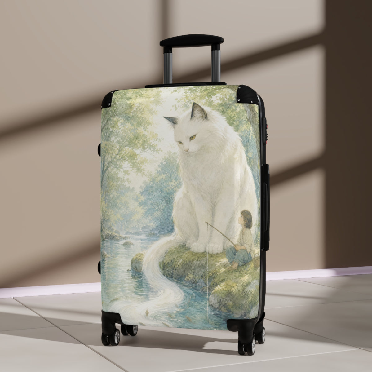By the Stream, She Watches — Guardian Cat & Child Suitcase