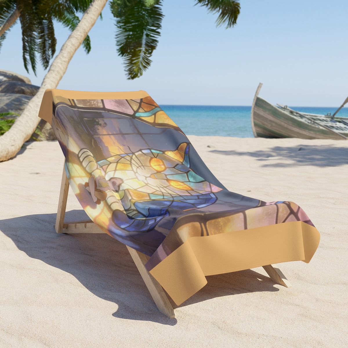 Sunlight Held in Glass — Stained Glass Cat Beach Towel, 30x60 or 36x72