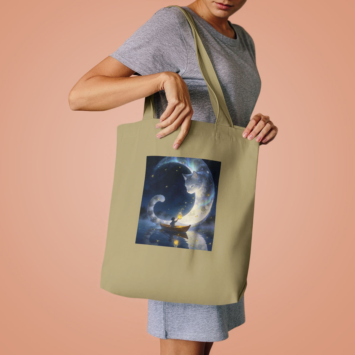 The Moon Keeps Watch — Moon Guardian Cat Cotton Tote Bag