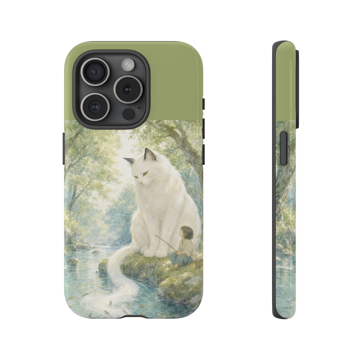 By the Stream, She Watches — Guardian Cat & Child iPhone Case