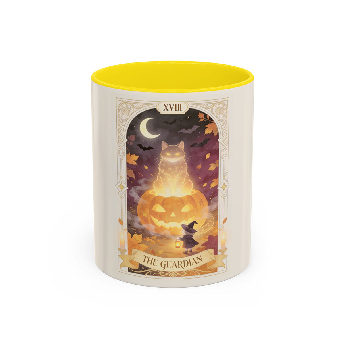 Card XVIII Draws Close — Guardian Tarot Cat & Pumpkin Accent Mug, 11 or 15 oz
