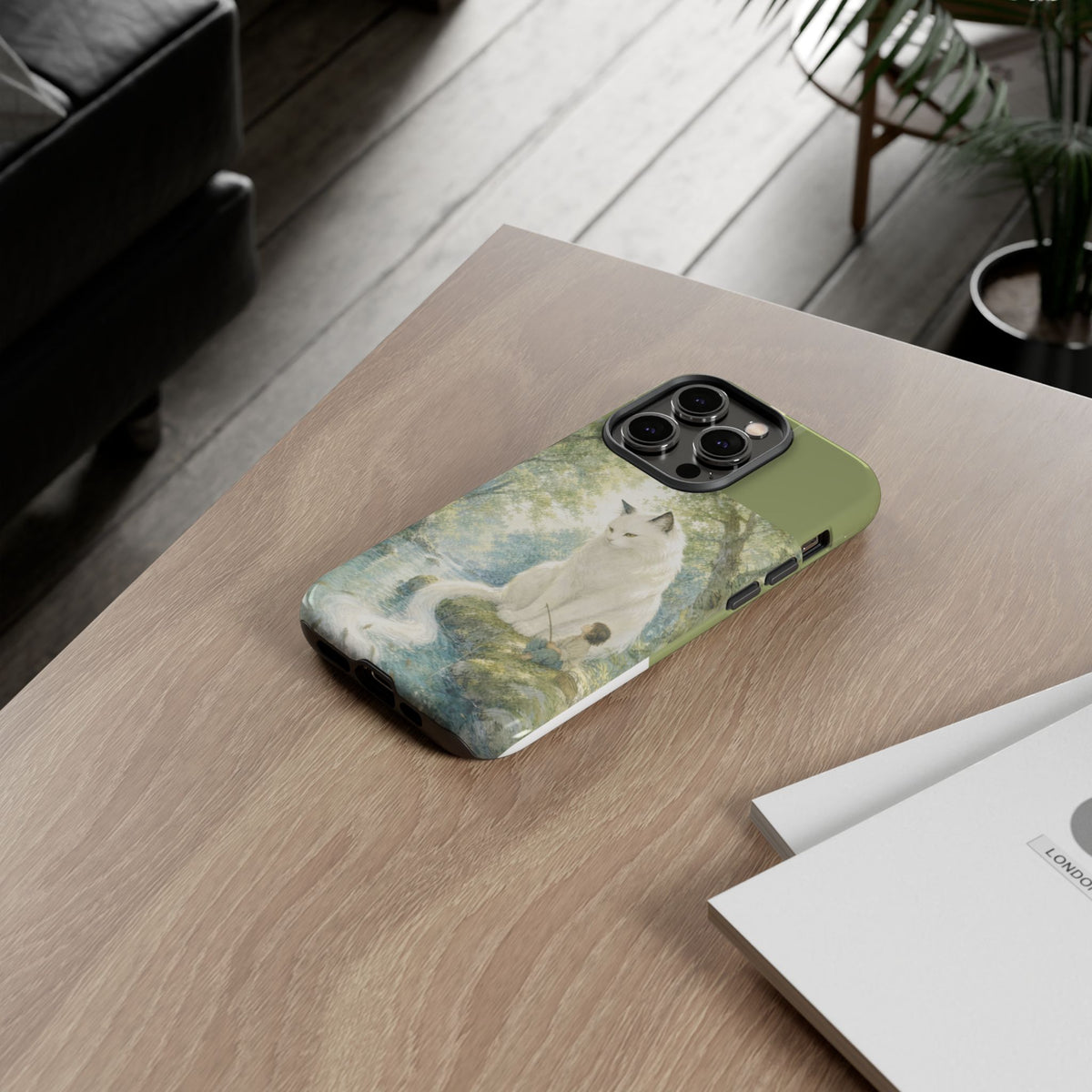 By the Stream, She Watches — Guardian Cat & Child iPhone Case
