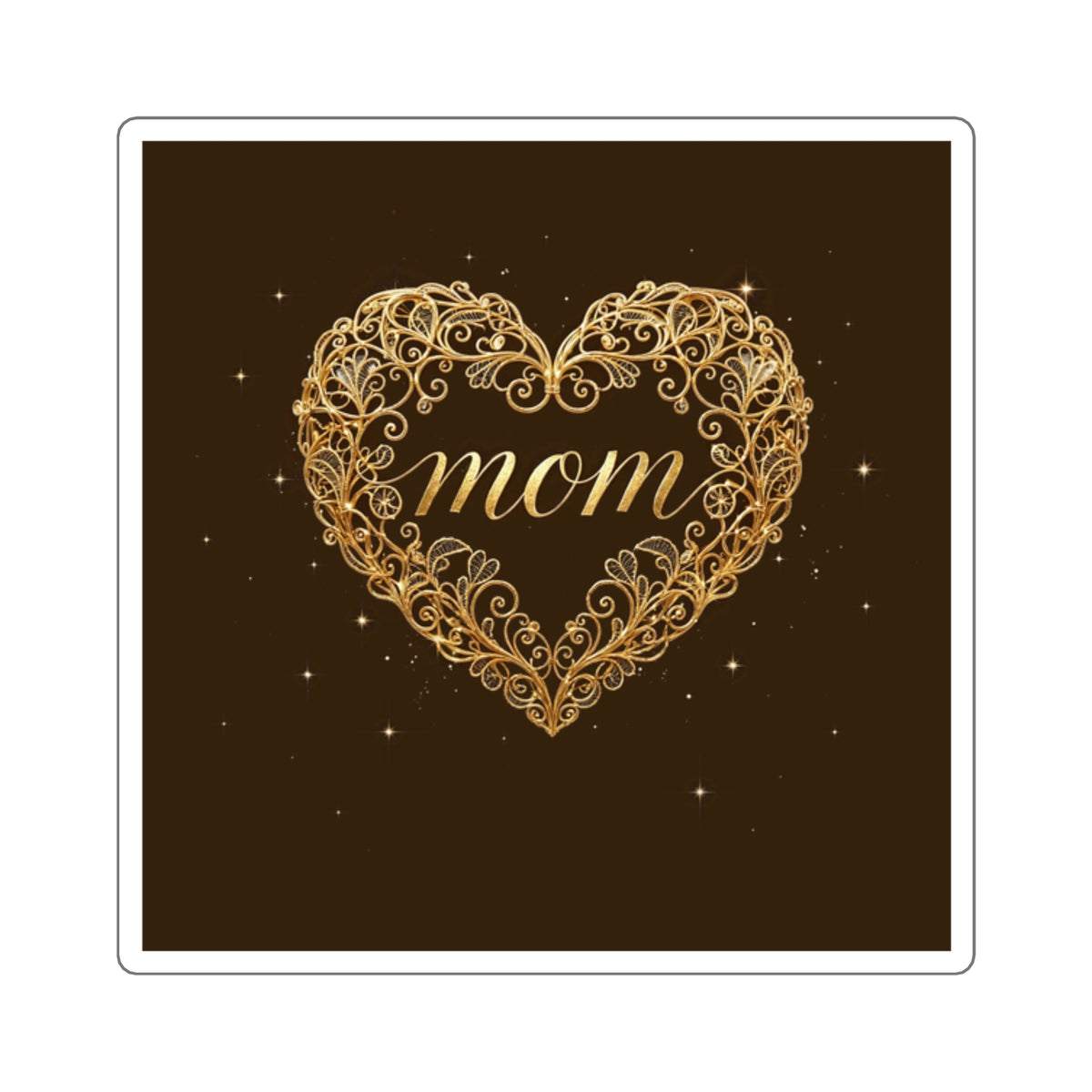 Golden Heart — Mom Square Sticker, Elegant Gold Filigree Design