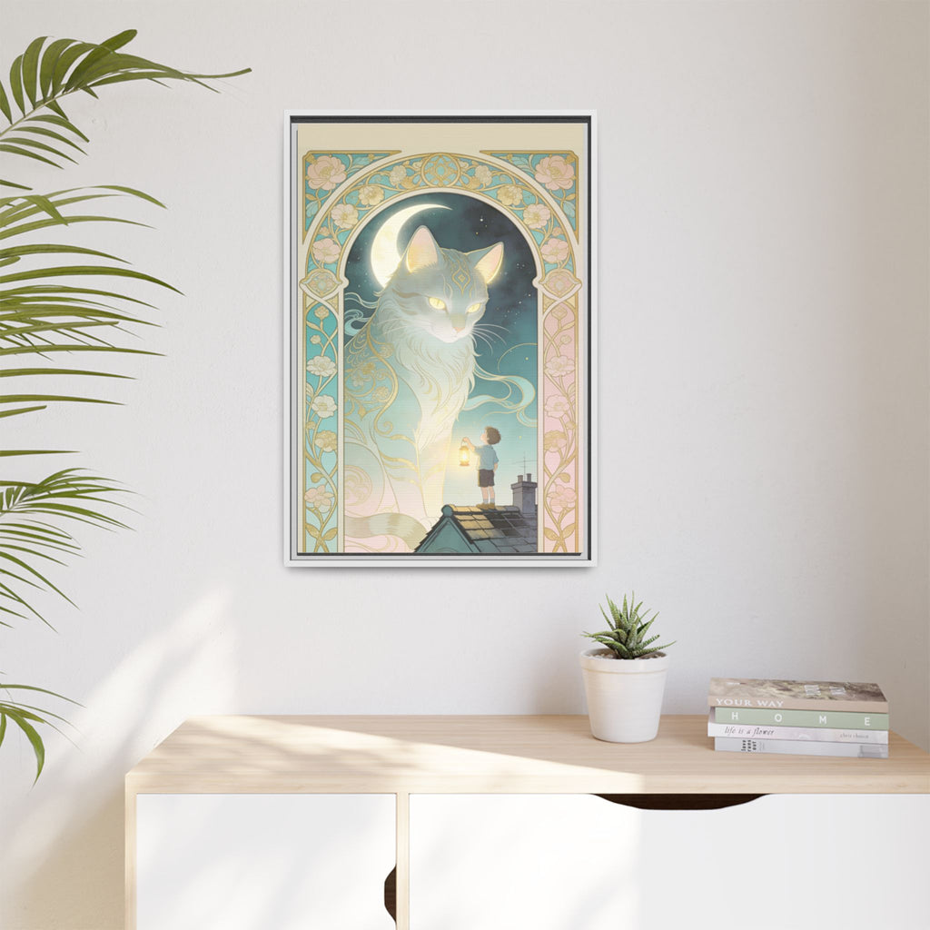 The Lantern Cat & Rooftop Boy - Framed Canvas Print