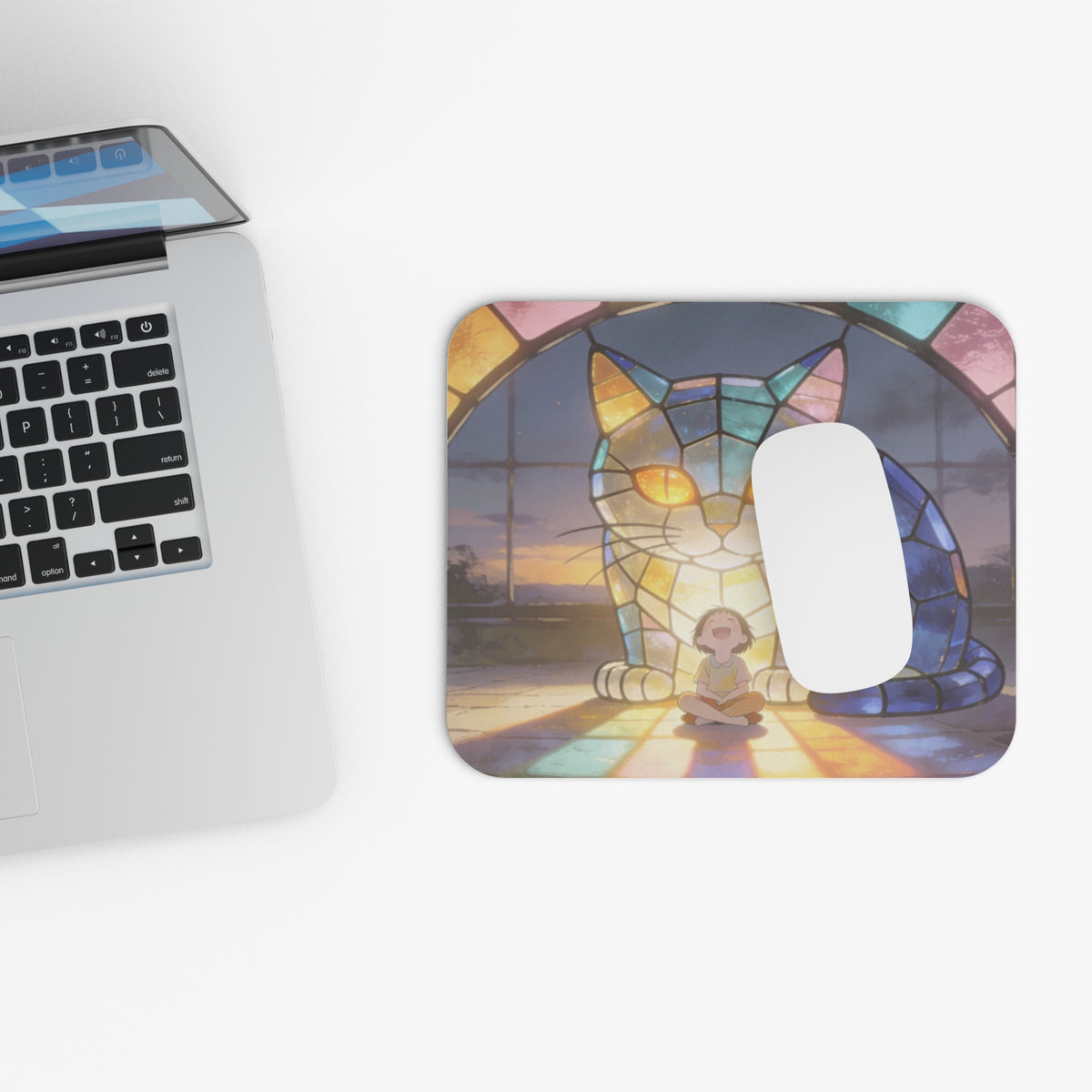 The Little Watcher — Stained Glass Guardian Cat & Child Desk Pad, 9x8