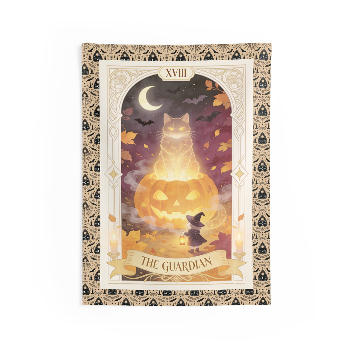 Guardian of the Doorway — Tarot-Style Halloween Cat Tapestry