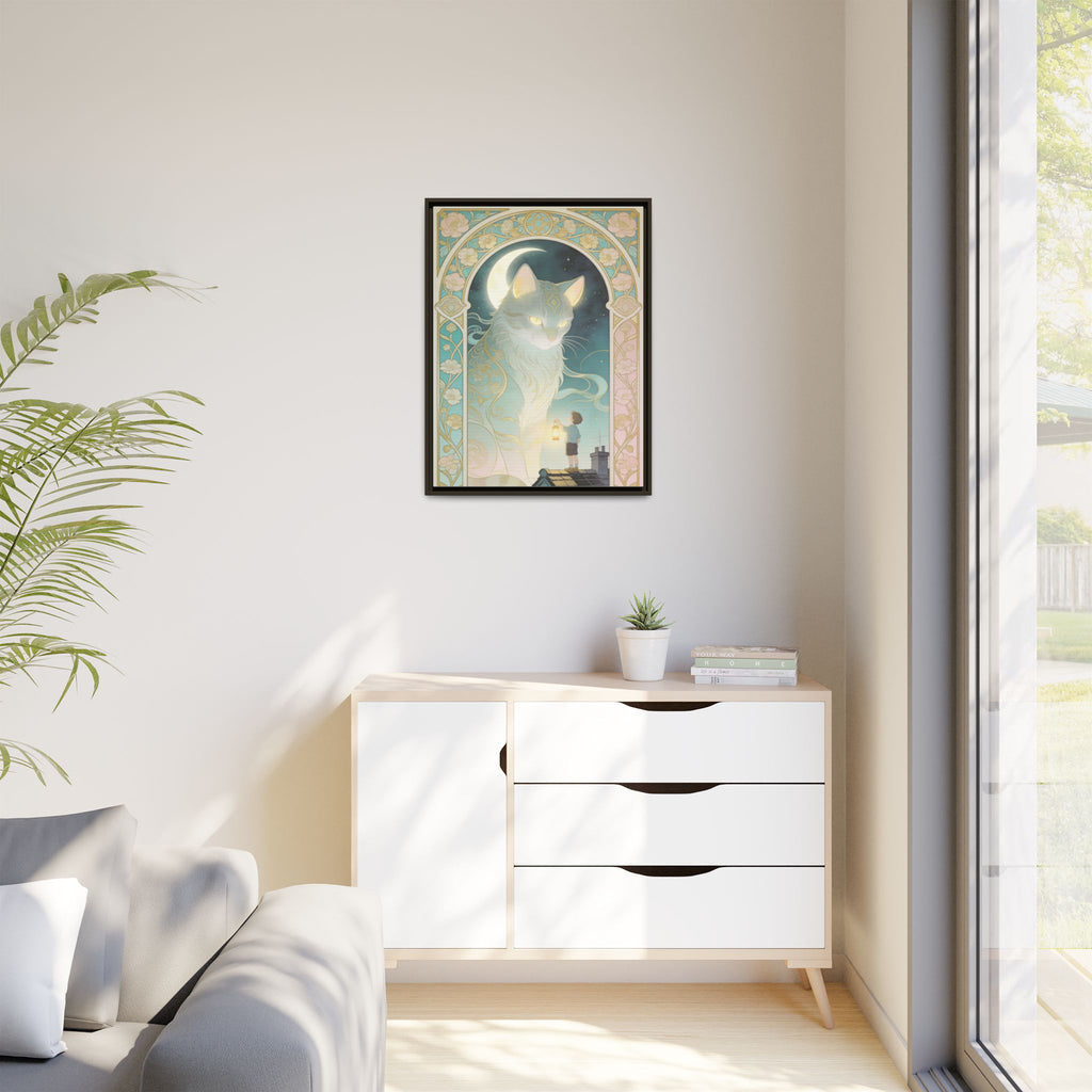 The Lantern Cat & Rooftop Boy - Framed Canvas Print