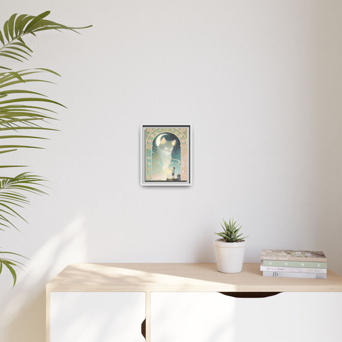 The Lantern Cat & Rooftop Boy - Framed Canvas Print