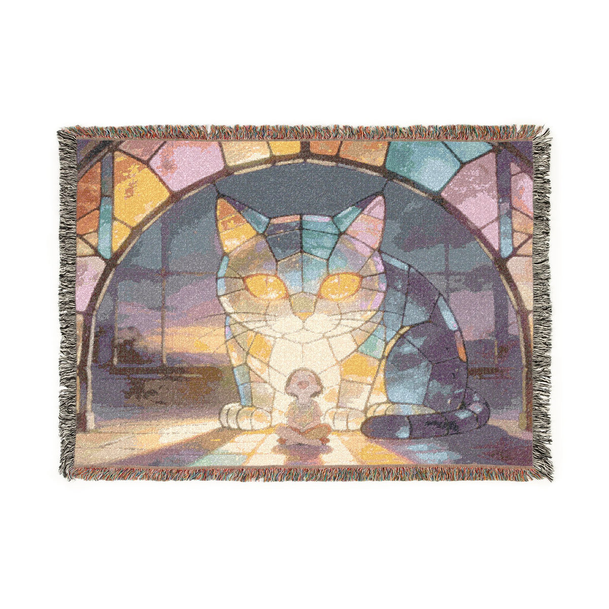 The Warm Window Watch — Stained Glass Cat Cotton Woven Throw, 52x37