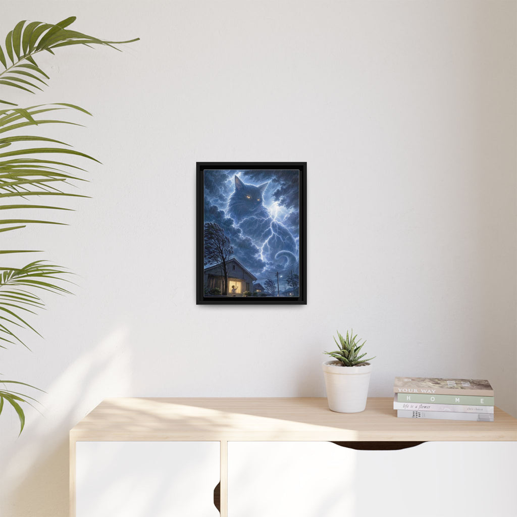 Never Fear the Storm — Lightning Cat Framed Matte Canvas
