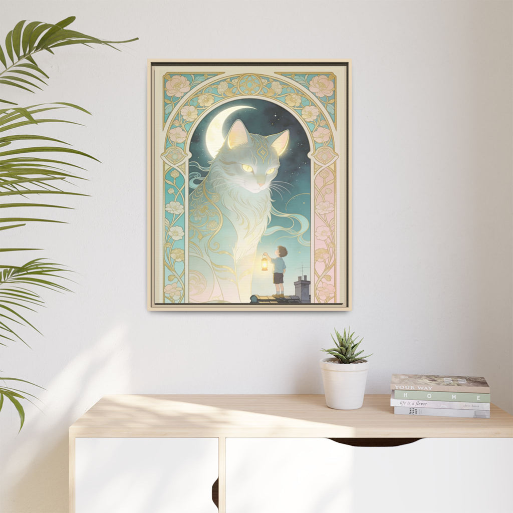 The Lantern Cat & Rooftop Boy - Framed Canvas Print