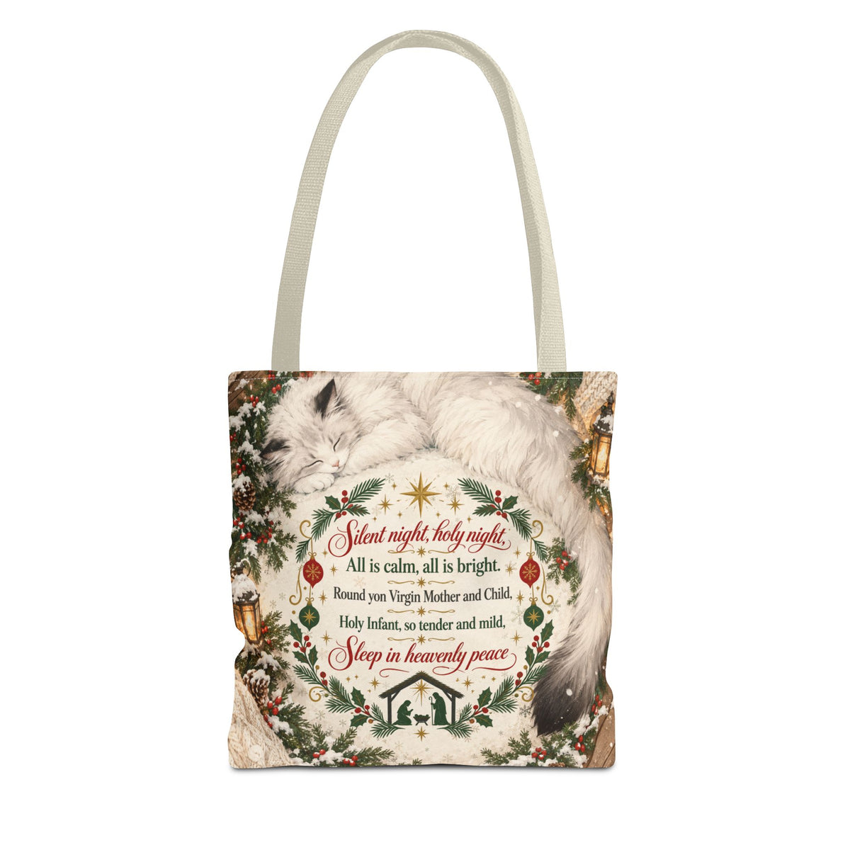 Silent Night Carol — Two-Sided Holiday Tote (Happy Holidays Snowy Wreath)