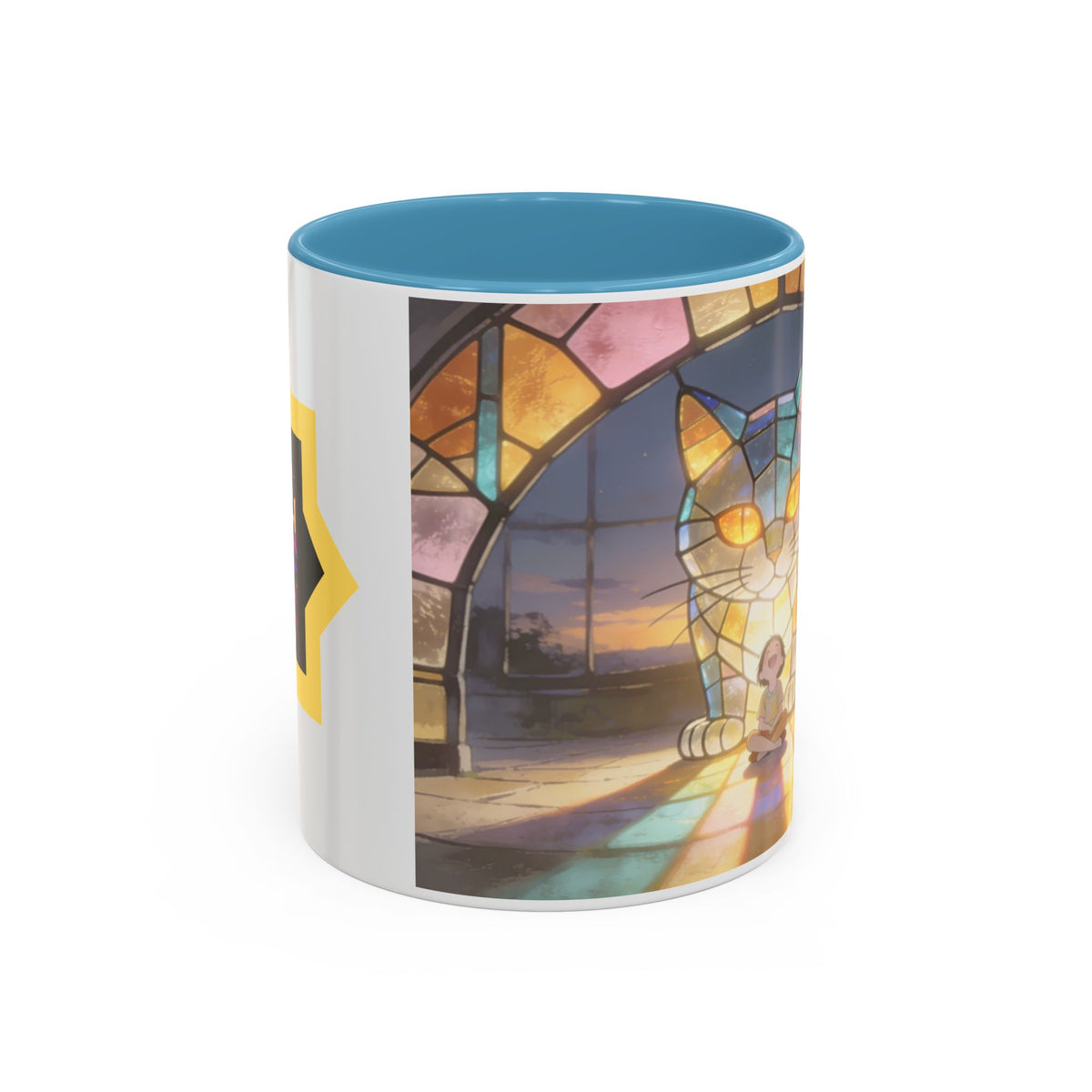 Glasslight Watch — Stained Glass Guardian Cat Accent Mug, 11 or 15 oz
