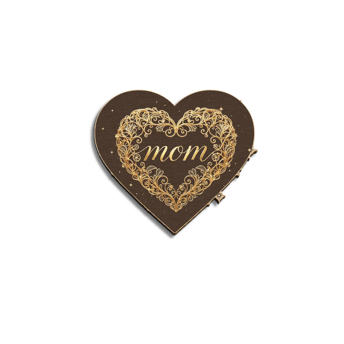 Heart-Shaped Wooden Ornament with Gold “Mom” Heart Design