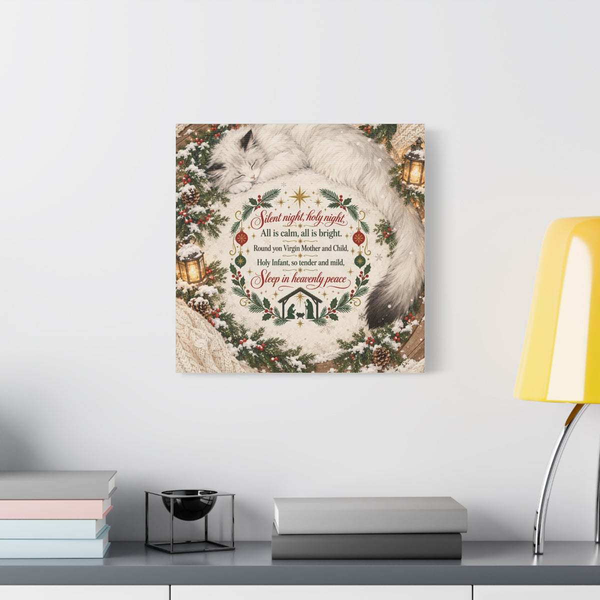 Silent Night Carol — Christmas Cat Nativity Canvas Wall Art