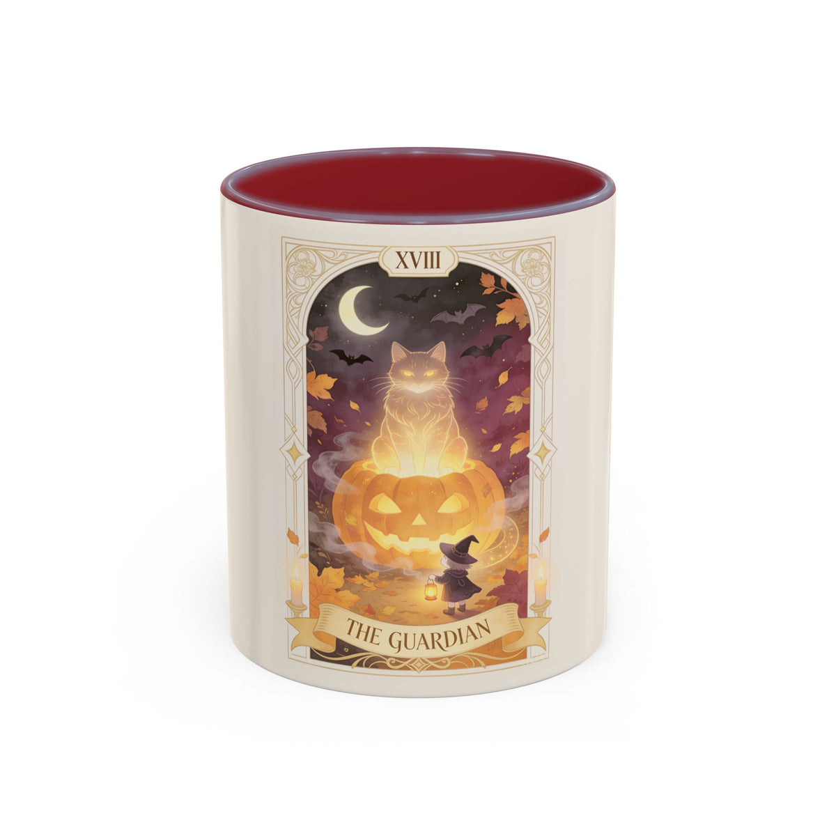 Card XVIII Draws Close — Guardian Tarot Cat & Pumpkin Accent Mug, 11 or 15 oz