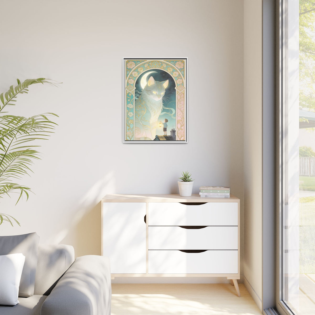 The Lantern Cat & Rooftop Boy - Framed Canvas Print