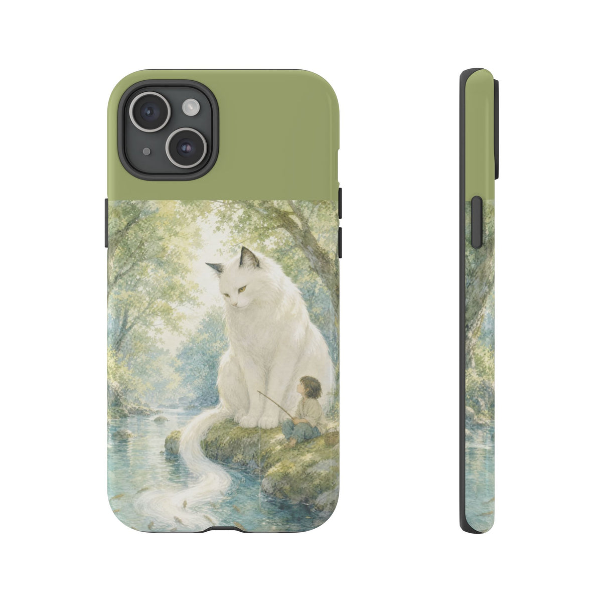 By the Stream, She Watches — Guardian Cat & Child iPhone Case