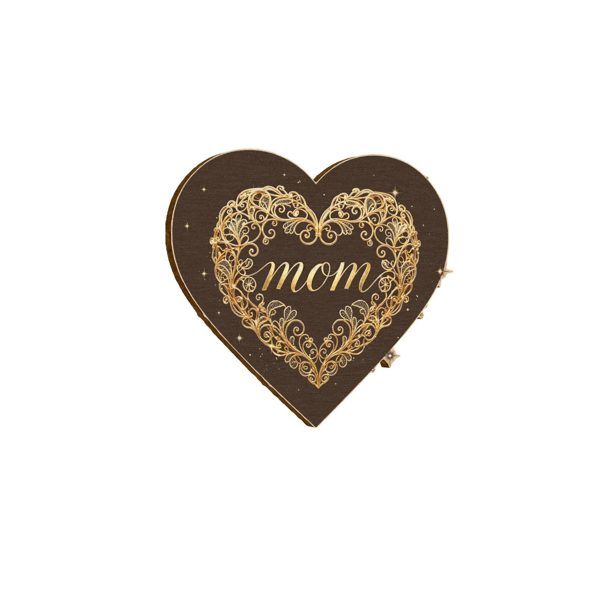 Heart-Shaped Wooden Ornament with Gold “Mom” Heart Design